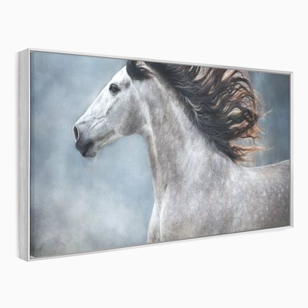 Tablou canvas cu tablou canvas cu armasar in miscare, in rama de aluminiu argintiu
